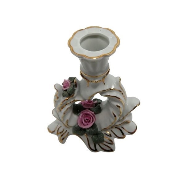 DRESDEN Porcelain Rose Heart CANDLE Holder Gold Accents and Pink Rose Germany Vi - Picture 2 of 10